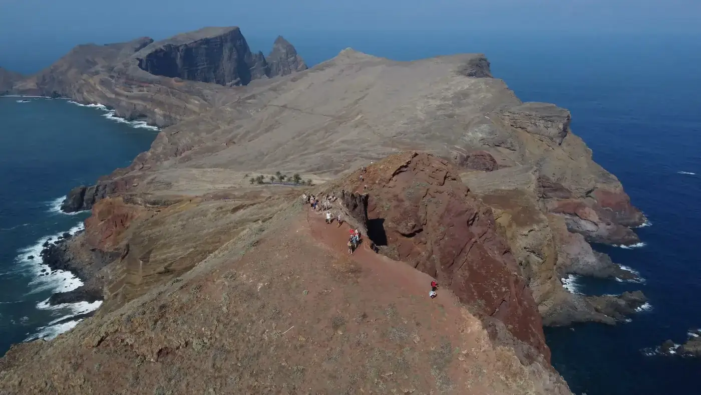 Breathtaking aerial shot of Ponta de São Lourenço, Madeira, Portugal with rugged cliffs and ocean.