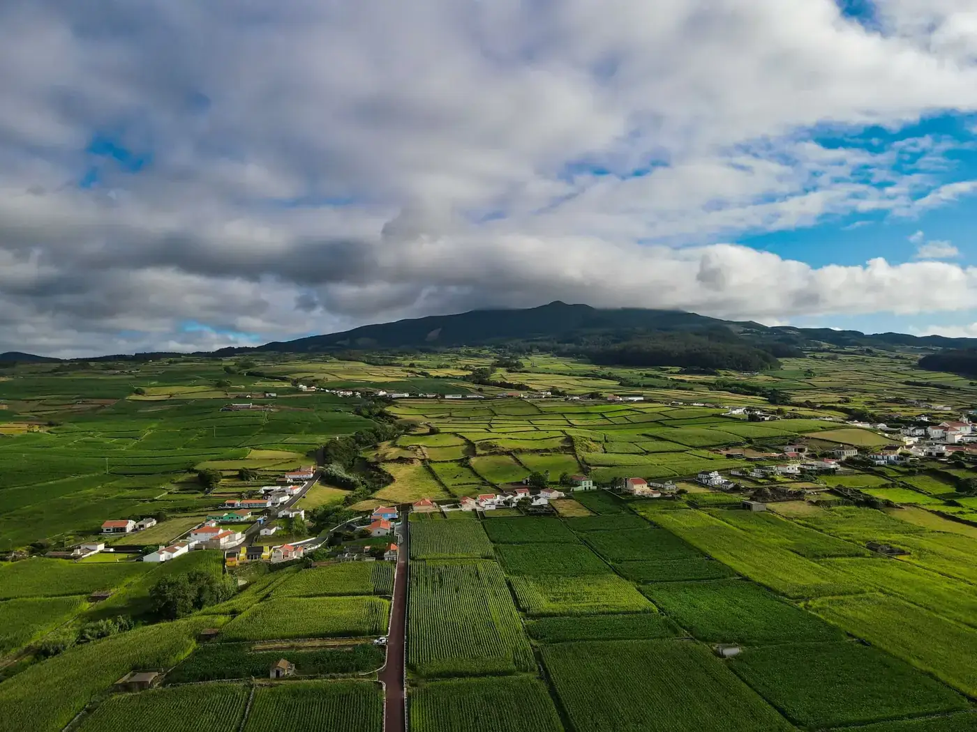 A stunning aerial view of expansive green farmland with scattered buildings under a partly cloudy sky.