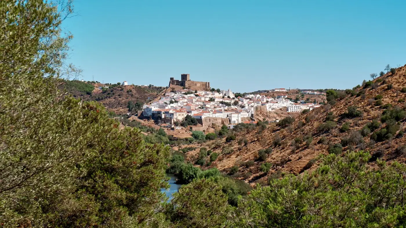 Scenic view of Mértola, a historic hilltop village with a Moorish castle in Portugal.