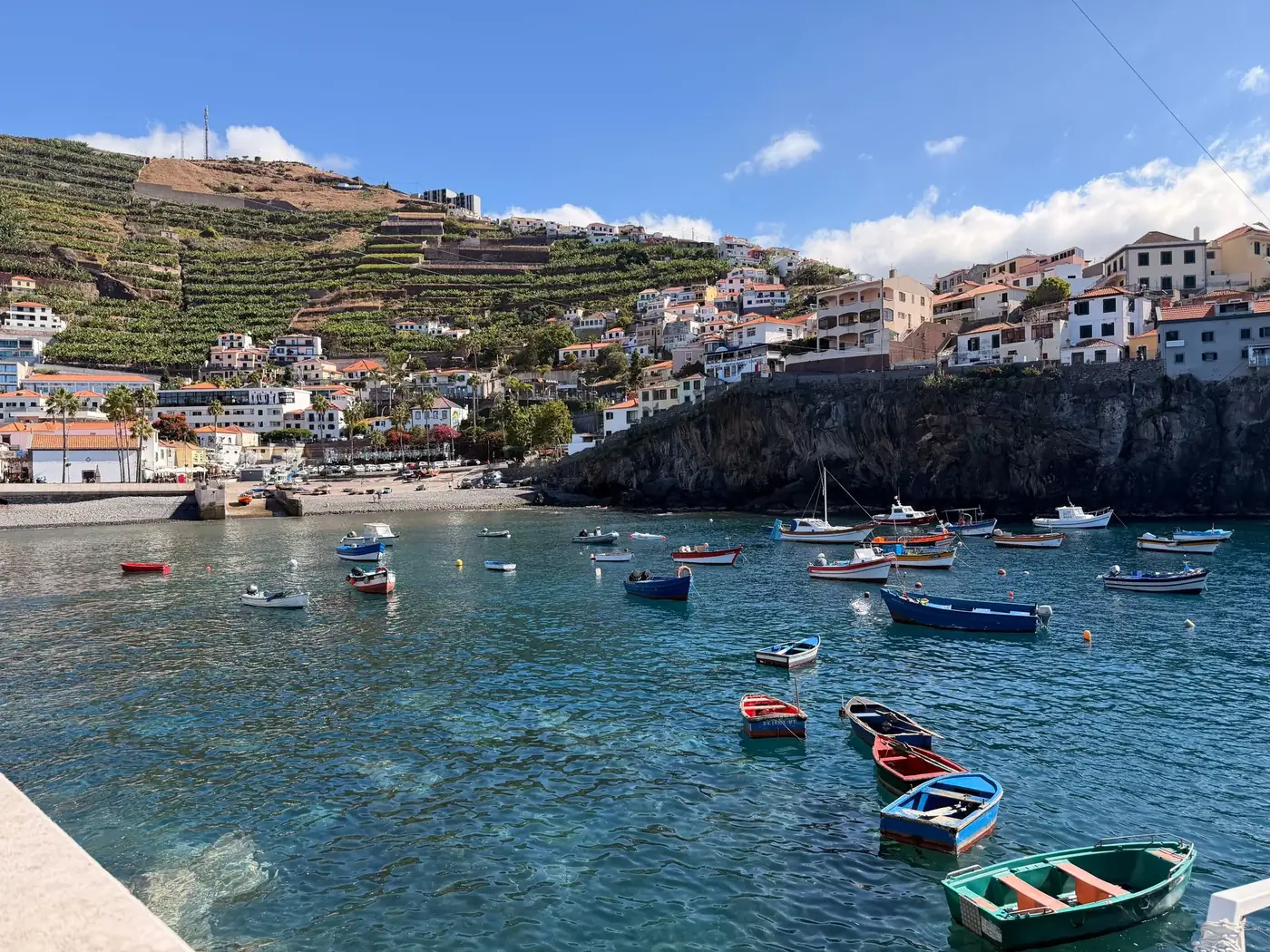 Colorful boats float peacefully in Madeira's picturesque coastal town under a clear blue sky.