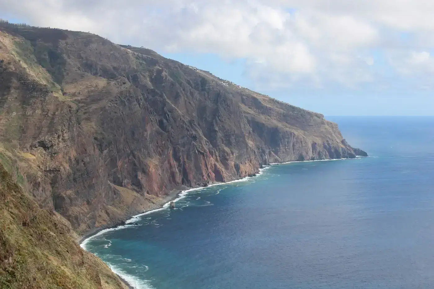 Breathtaking view of Madeira's rugged coastline with steep cliffs and clear blue sea.