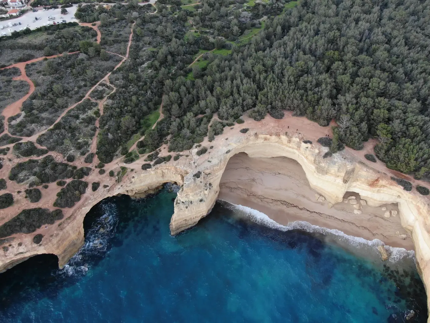 Breathtaking aerial photography showcases the unique cliffs and coastline of Algar Seco, Algarve, Portugal.