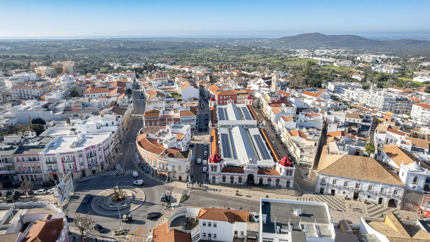 Aerial shot of Loulé Market and surrounding architecture in Faro, Portugal.