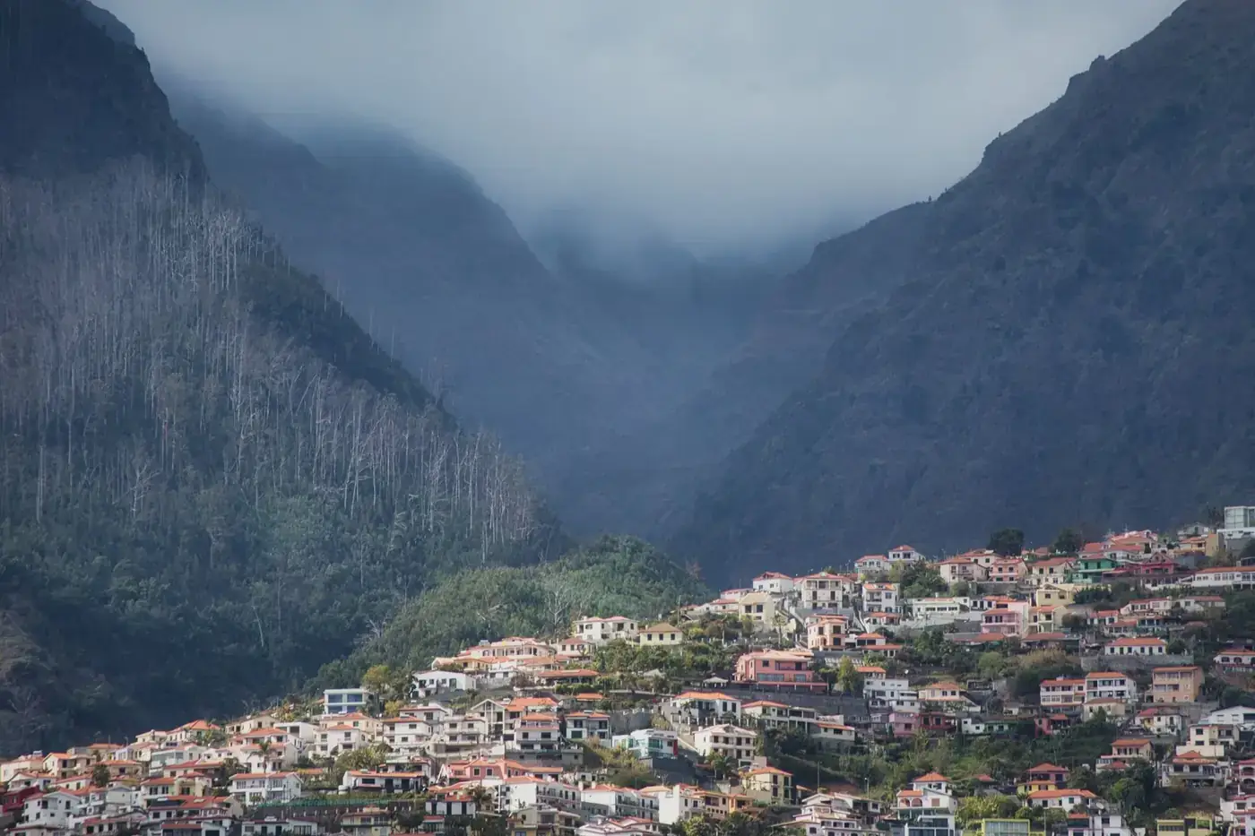 Picturesque mountain village in Madeira, Portugal with lush green landscape and misty hills.