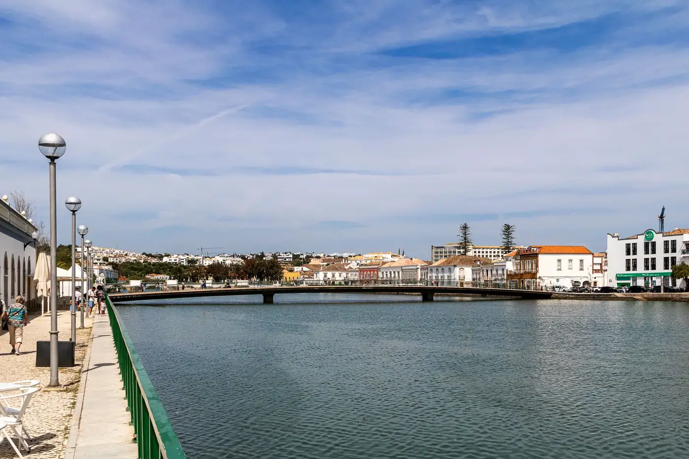 Tranquil riverside scene with a bridge, buildings, and pedestrians under a clear blue sky.