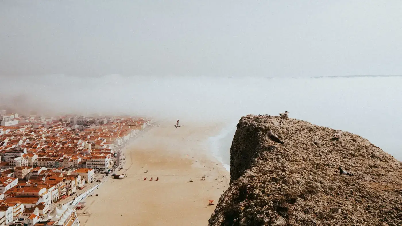 Aerial view of Nazaré beach, Portugal with cloudy skies and seagulls in flight.